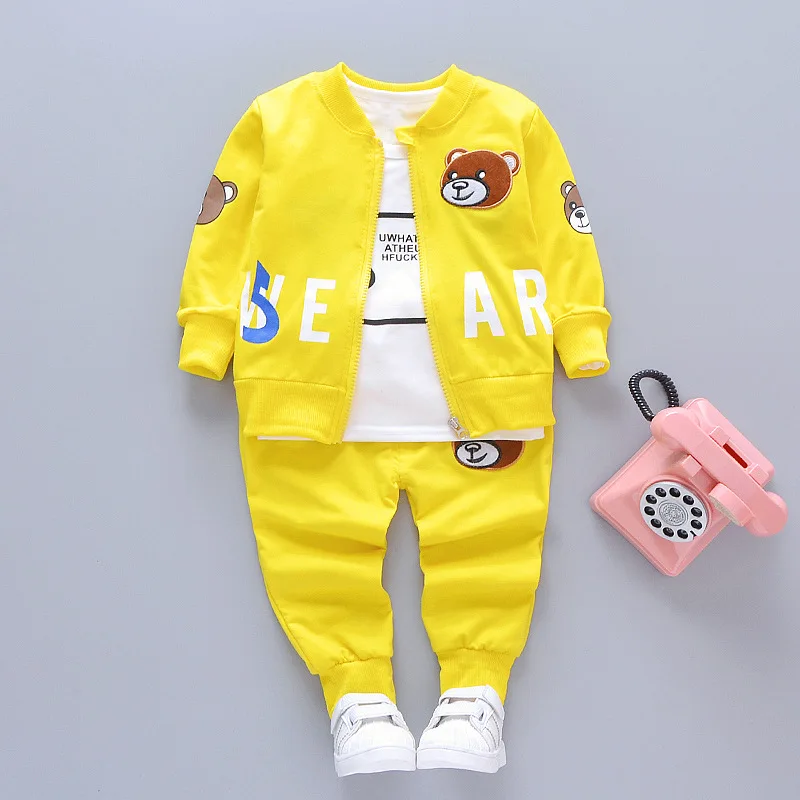 New Spring Fall Fashion 8 Different Cartoon Print 3pcs Long Sleeves Shirt+Trousers+Coat With Zipper Closure Boys  Clothing Set