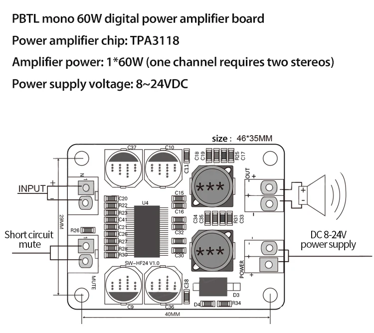 Tpa3118 Плата усилителя Tpa3118 горячая Распродажа 1X60W 8-24V TPA3118 PBTL моно Класс D цифровая мощность TPA3118 усилитель аудио Плата