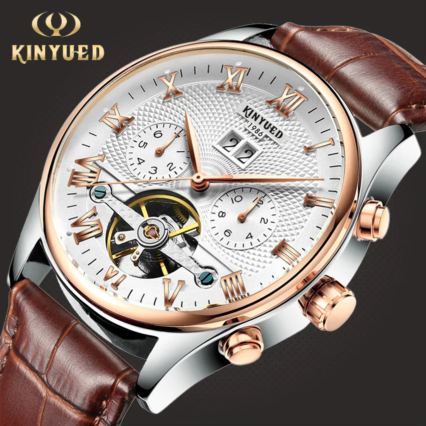 Skeleton Tourbillon Mechanical Watch Men Automatic Leather Mechanical Wrist Watches Reloj Hombre 2019 KINYUED JYD-J1012
