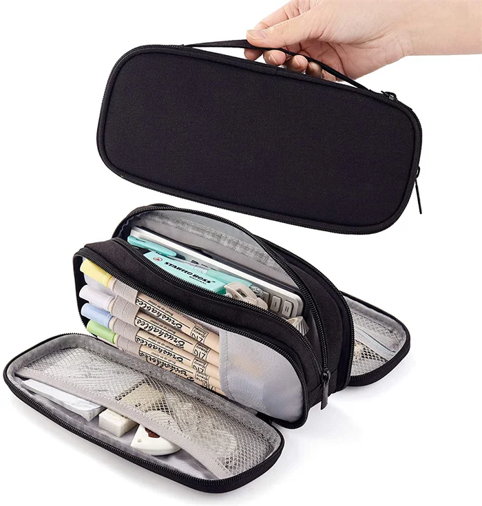 Pencil Case Big Capacity Handheld 3 Compartments Pencil Pouch Portable Canvas for Boys Girls Students Business Office