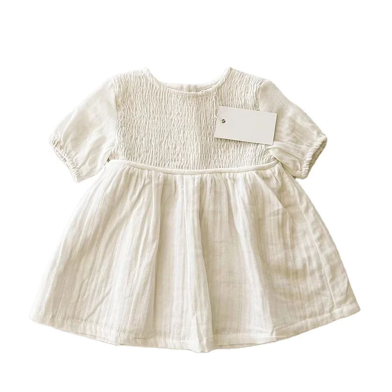 Short Sleeve Smocked Daily Dress Infant Baby Cotton Clothes  Linen Muslin Day Dress