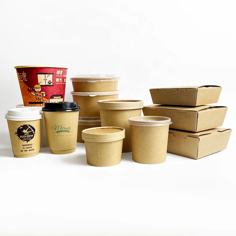 Microwave use Eco Friendly Disposable Brown Thickening Round Tube Hot Soup Noodle Storage Paper Bowl SoupCup With Lid