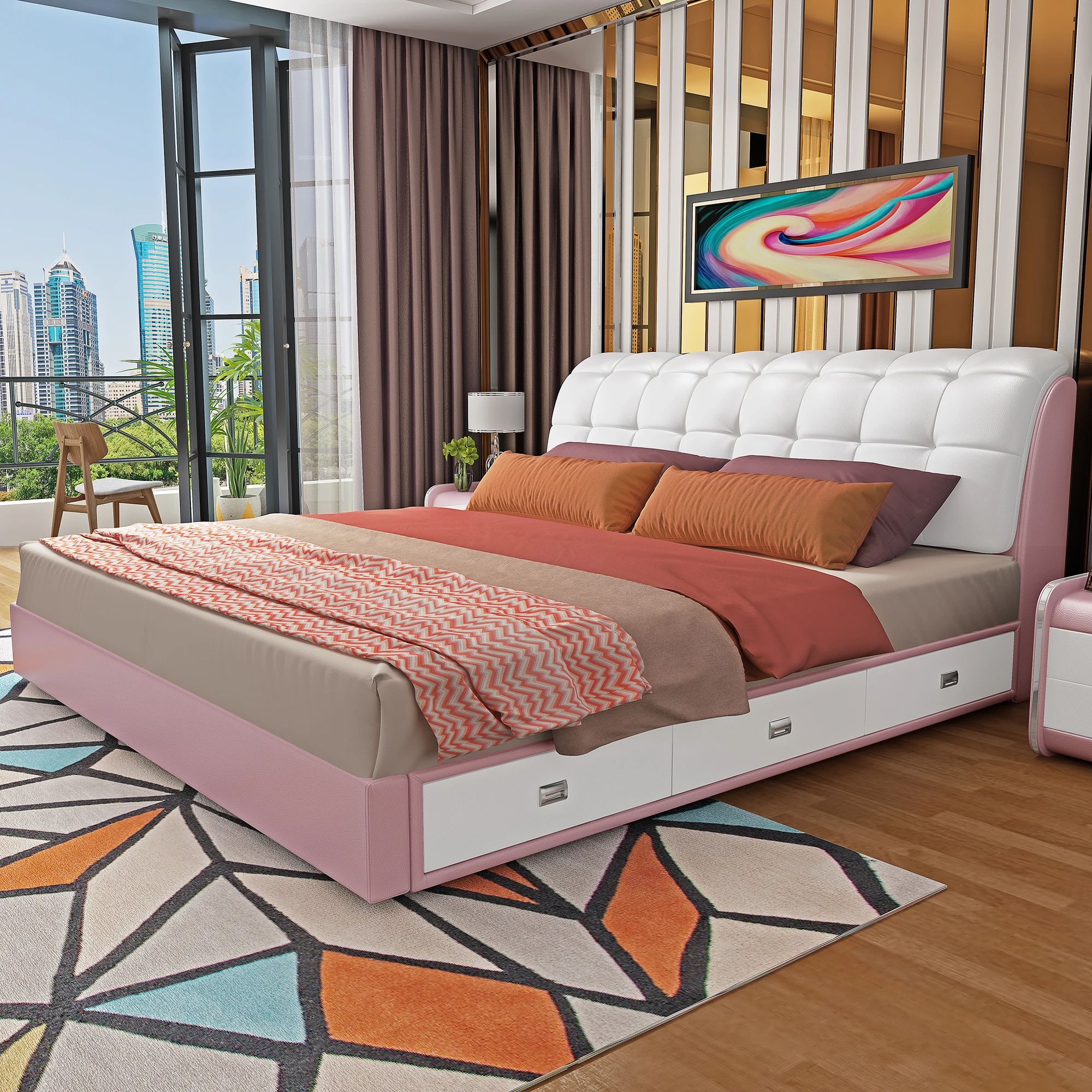 Solid wood modern style luxury minimalist design bedroom furniture queen size leather black bed