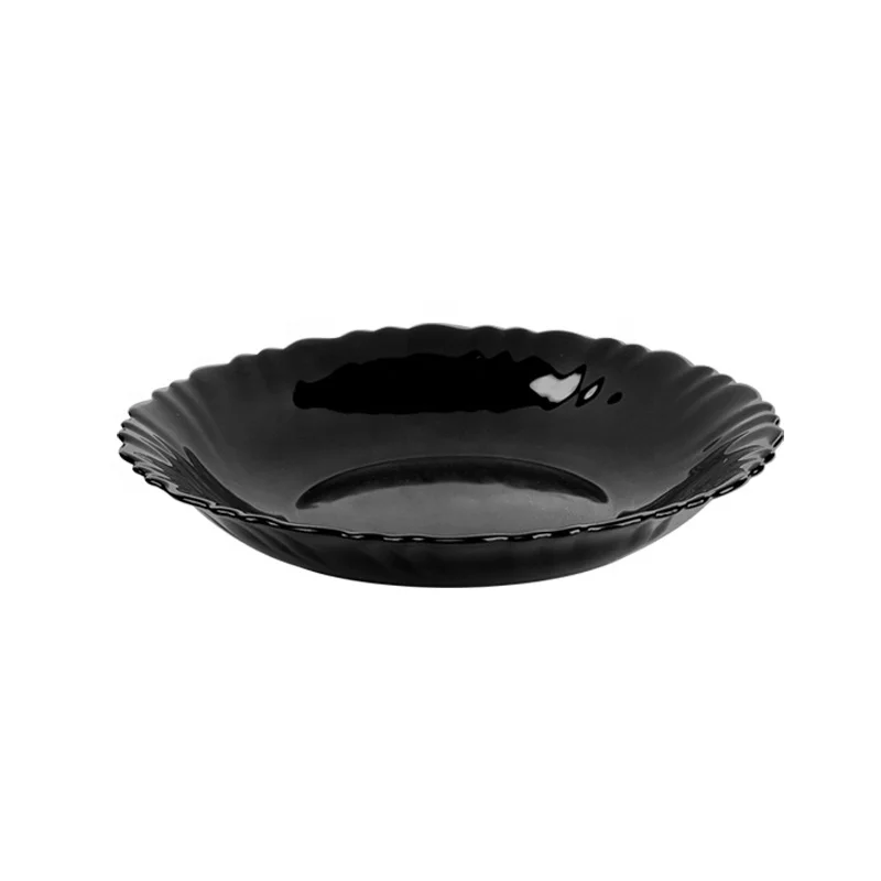 Wholesale pure white heat resistance 8 inch Fancy shell design black glass dish opal glass dinner plates for restaurants