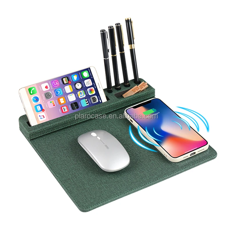 Custom PU Leather Wireless Charging Mouse Pad with USB Hub Pen Phone Holder