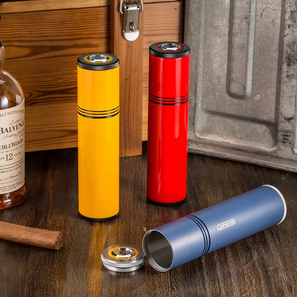 JF-030 D5*H20cm 230g JIFENG Manufacturer 3-4 Cigars Travel Aluminium Metal Cigar Storage Tube with Hygrameter and Humidifier