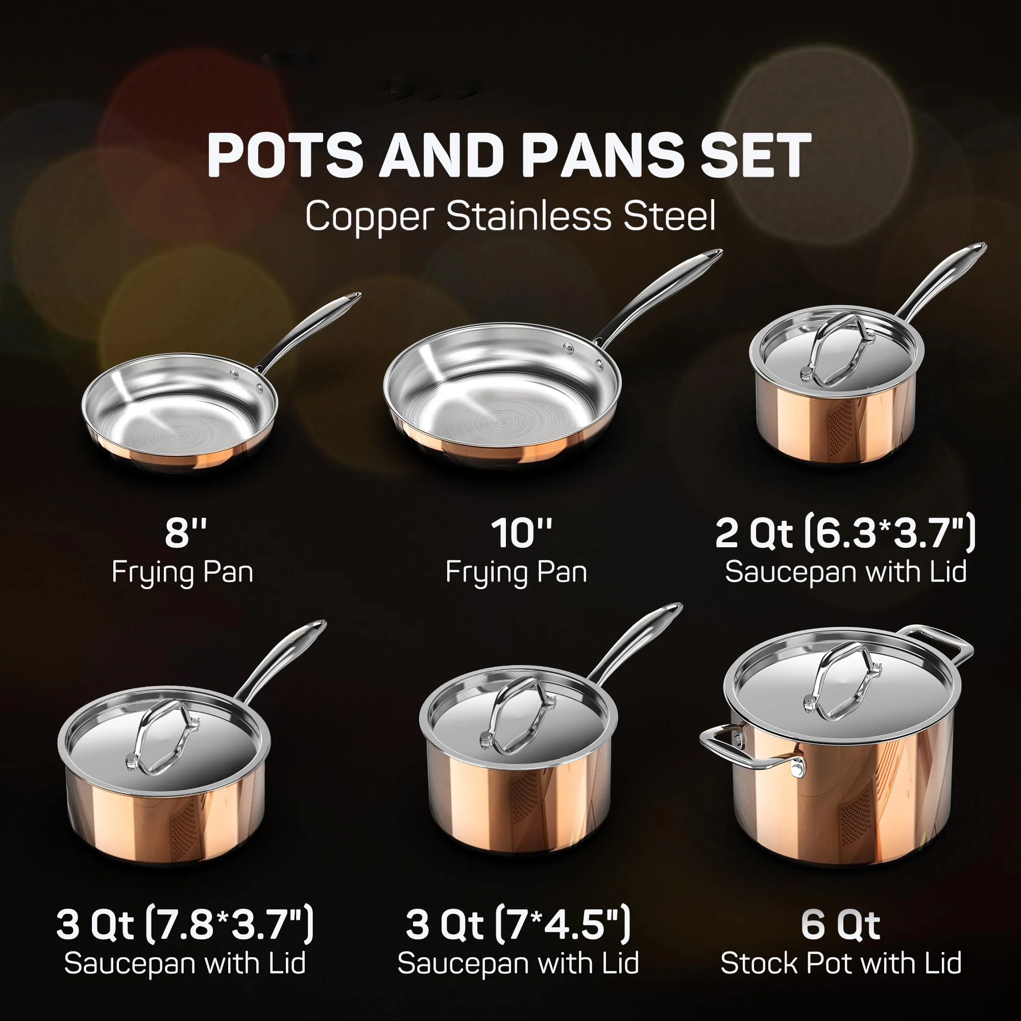 Tri-ply Stainless Steel Pot and Pan Set 10 Piece Copper Pots and Pans Set with Stainless Steel Lid Induction Cookware Set