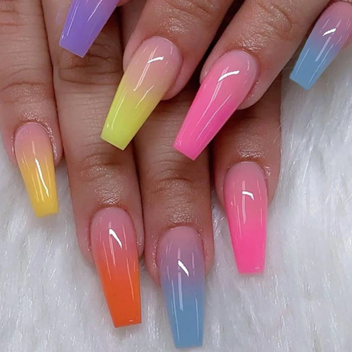 Free Shipping Colorful Gradient Vignetting Rainbow Press on False Nail Tips Shiny FakeNail Finished Long Ballet Nails Art Glue