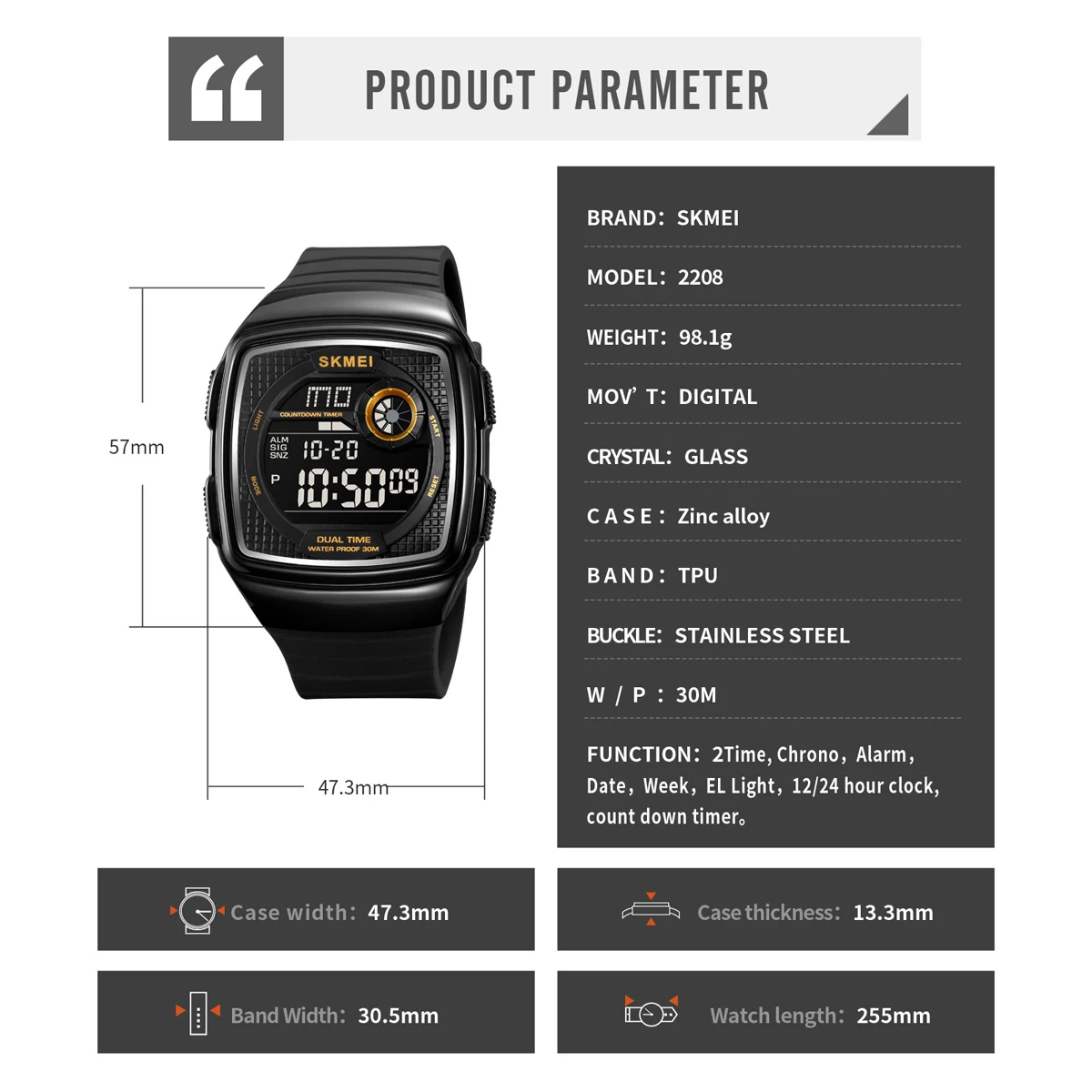 2024 SKMEI новые 2208 оптовая продажа с фабрики водонепроницаемые часы 50 м мужские качественные спортивные цифровые наручные черные