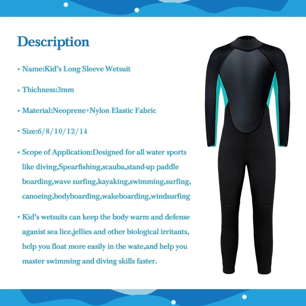 
Hot Sale 3mm Neoprene One-Piece Back Zip Child Wet Suit Kids Wetsuit for Surfing Canyoning 