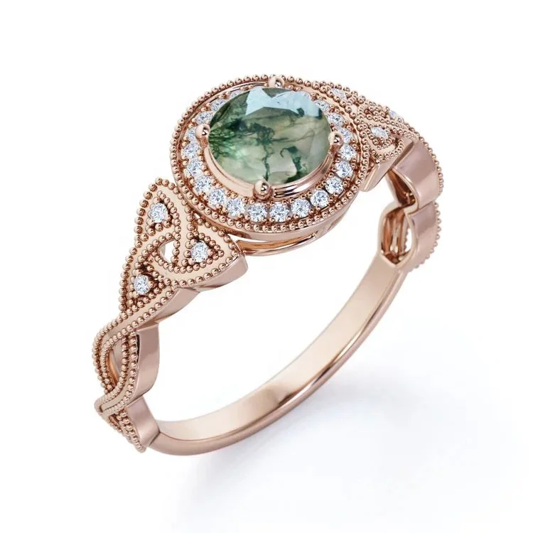 Floral Rope Design Moss Green Agate Ring 925 Sterling Silver Natural Stone Jewelry