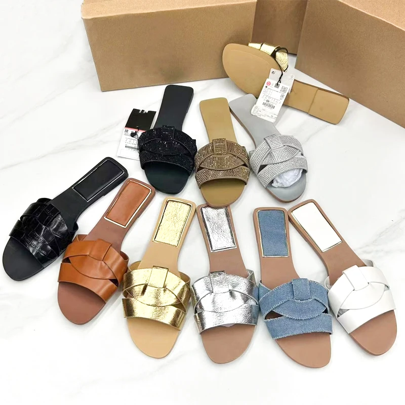 Newest Women Cross Belt Flat Slide Best Sellers Shoes For Outdoor Lady Casual Soft Leather ZA Slide Slippers