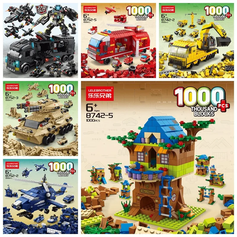 1000pcs Building Blocks Airplane City Castle Police Military Fire Building Sets 6 In1 Construction Block Kids Toys