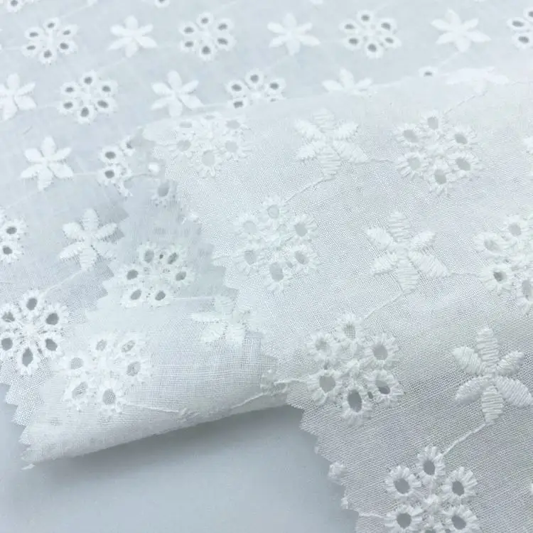 Lightweight yarn count customization soft flower embroidery holes eye let lace fabric with cotton lining