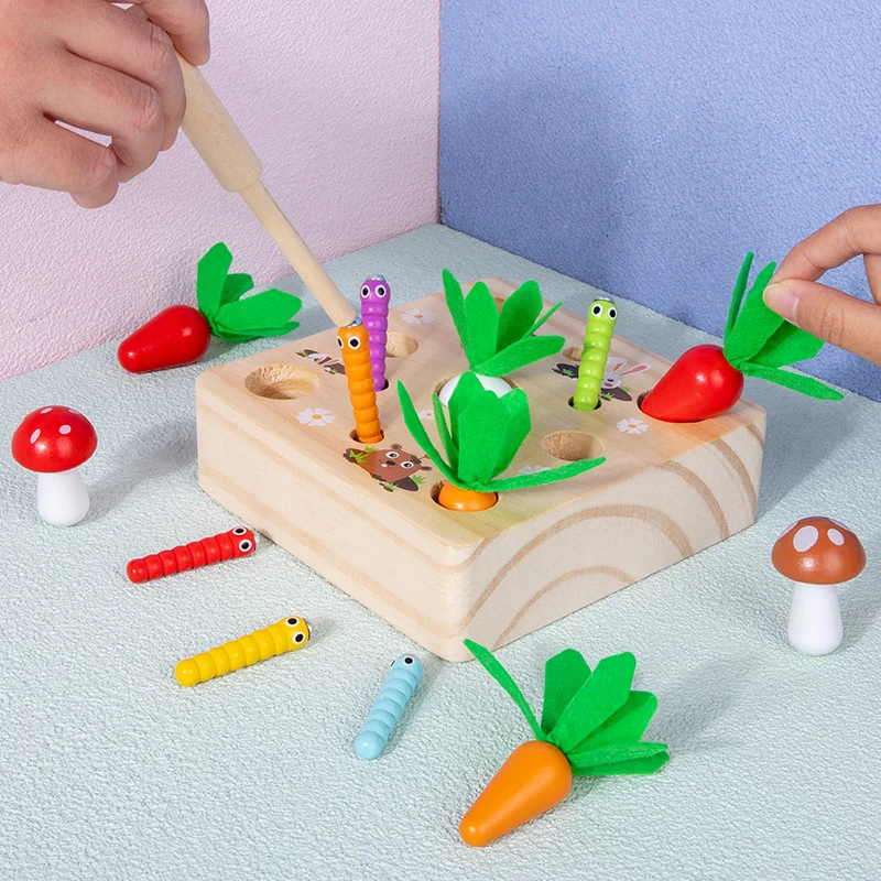 Baby 3 in 1 Pulling Carrots Catch Insects Wooden Toy Montessori Color Shape Sorter Game for Toddler Fine Motor Skills