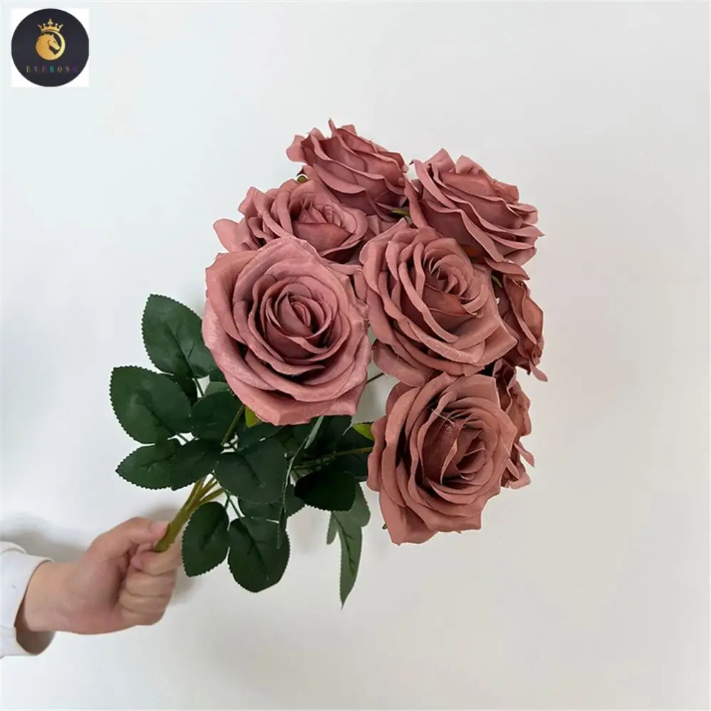 EV Wholesale 9 Head Romantic Colorful Autumn Roses Bunch of Artificial Flowers Real Touch for Wedding Decor