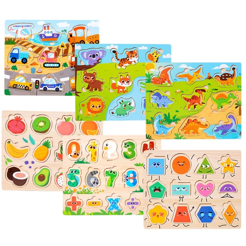Montessori wooden jigsaw puzzle  hand grasp plate toys infant education 3 d puzzle toy animal cartoon vehicle fruits