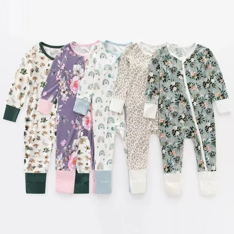 Baby Clothes Manufacturer Bamboo Zipper Romper One Piece Suit Custom Printed Full sleeves Jumpsuit For 6-24 m Infant kids