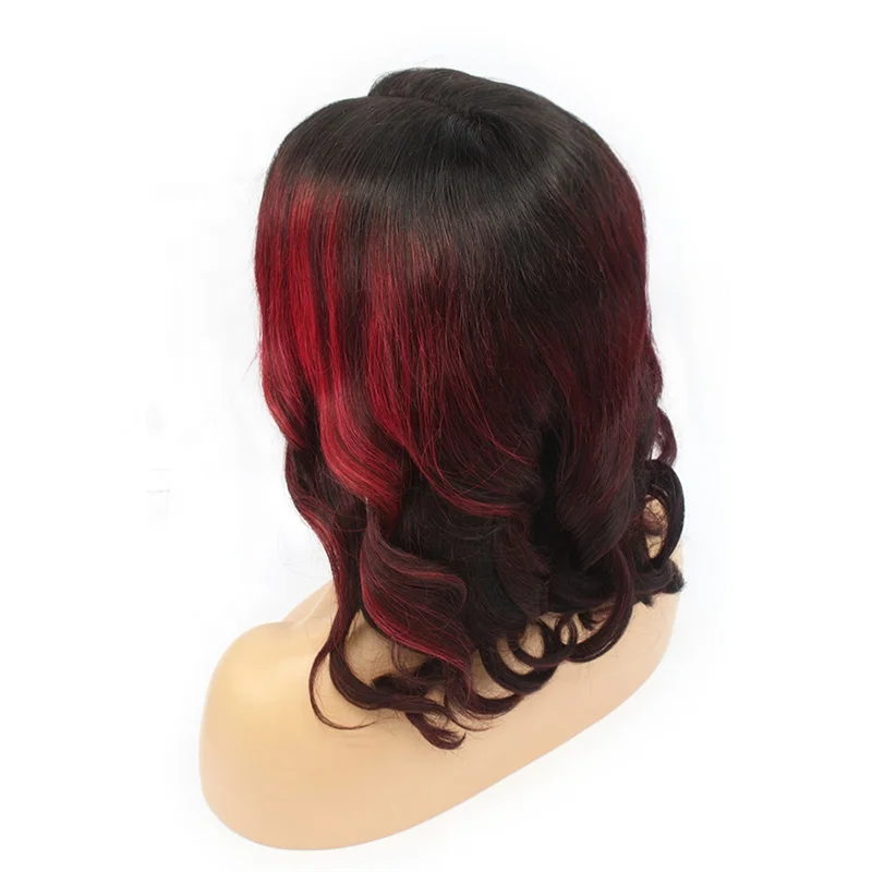 Highlight Wig Short Bob Natural Black and Red Mixed Colored Wig Human Hair Body Wavy 13*4 Lace Front Wig