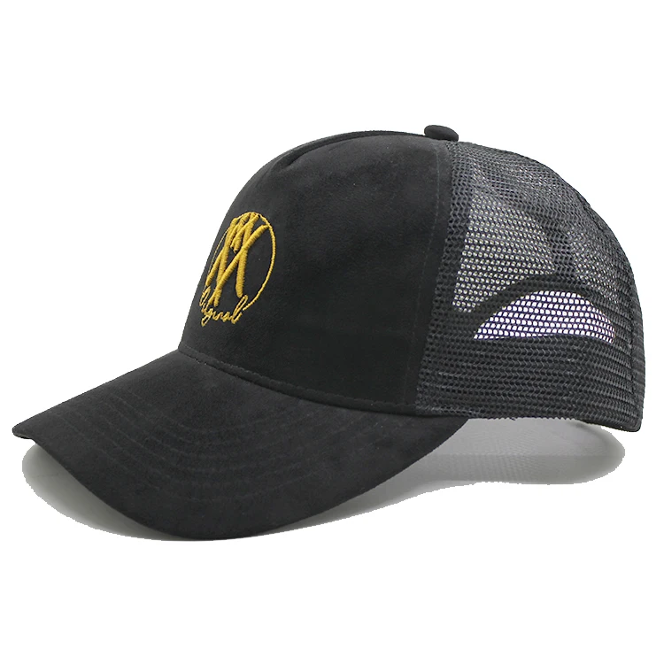 Fashion design black 5 panel low profile custom embroidery logo suede baseball trucker cap
