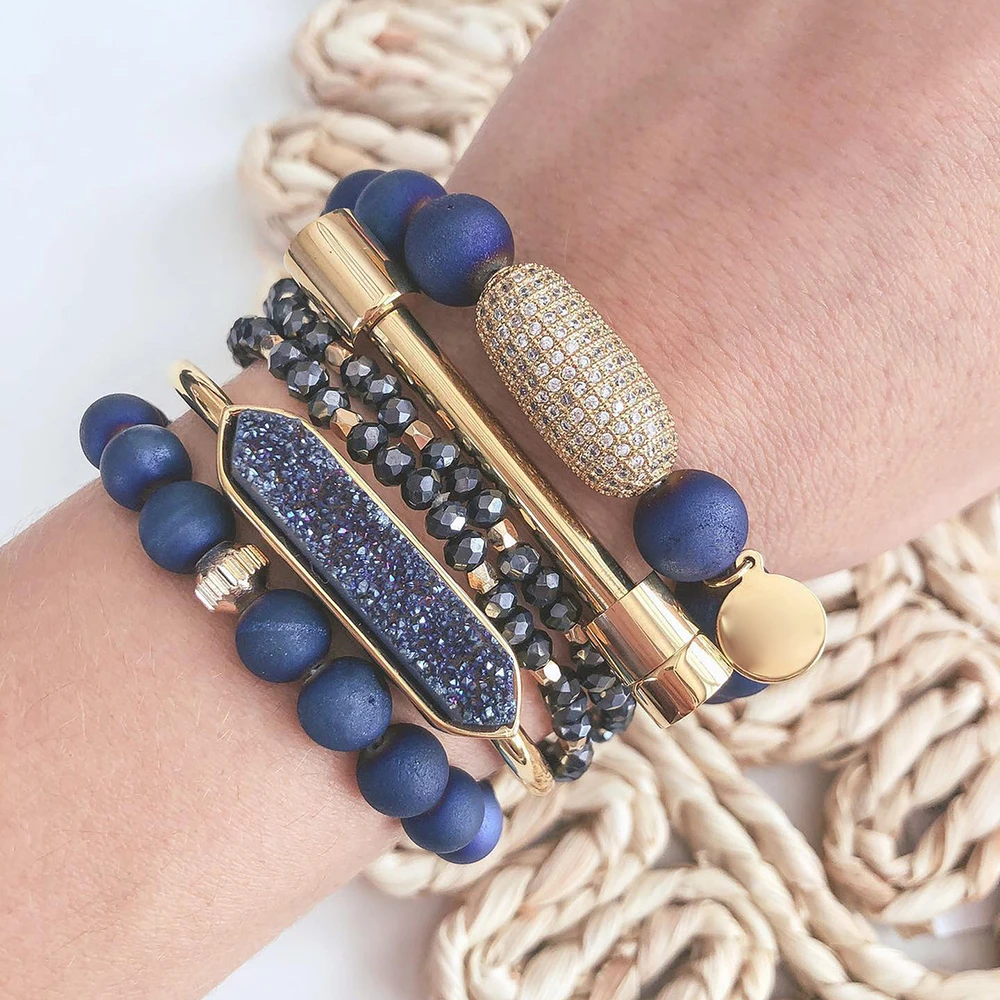 Beautiful Natural Blue Geode Agate Onyx And Lapis Beads Stacked Bracelet Set