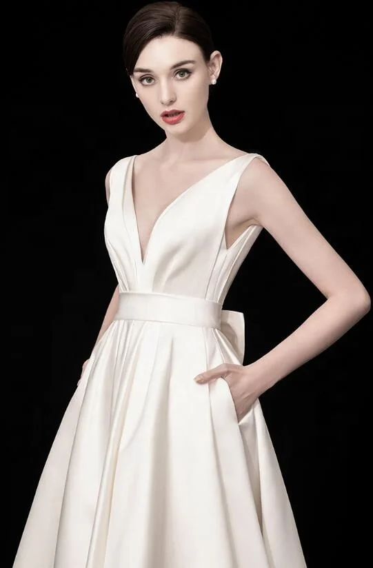 #10018 Satin High-Low Deep V-Neck Open Back Sleeveless Bowtie Wedding Gowns Birde Dress Vestido de novia Wedding Dress