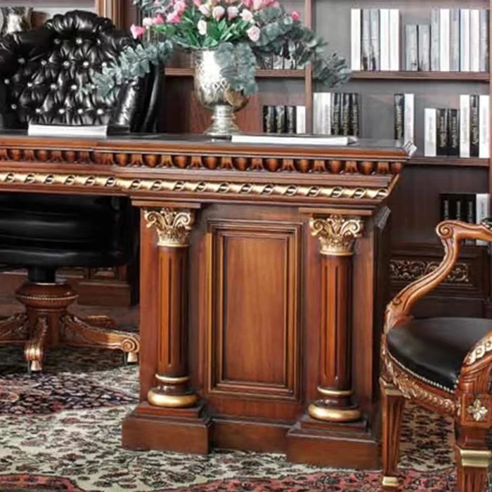 Hot selling office study room  red wood carved wooden large office executive table desk with top cow leather office chair