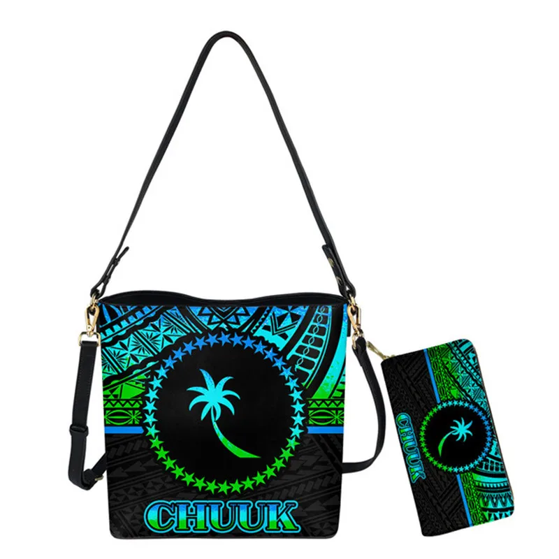 2pcs Polynesian Chuuk Pohnpei Tribal Bucket Handbags and Purses for Women Unique Luxury Pu Leather Ladies Shoulder Bag Set Bulk
