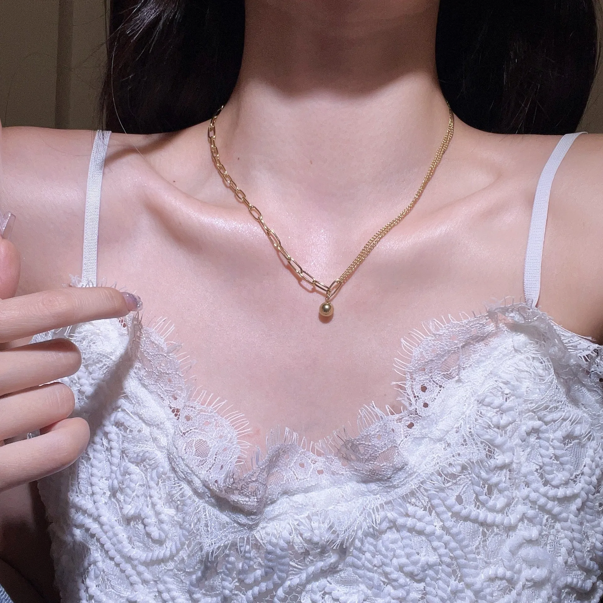 18k Gold Plated Stainless Steel Necklace Double Layer Chain Stitching Clavicle Chain Ball Pendant Necklace Jewelry