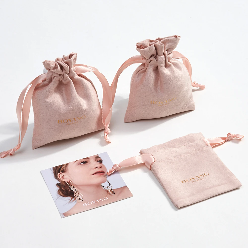 Custom Logo Multifunction Drawstring Velvet Suede Jewelry Bag Packaging Jewelry Pouch with Box