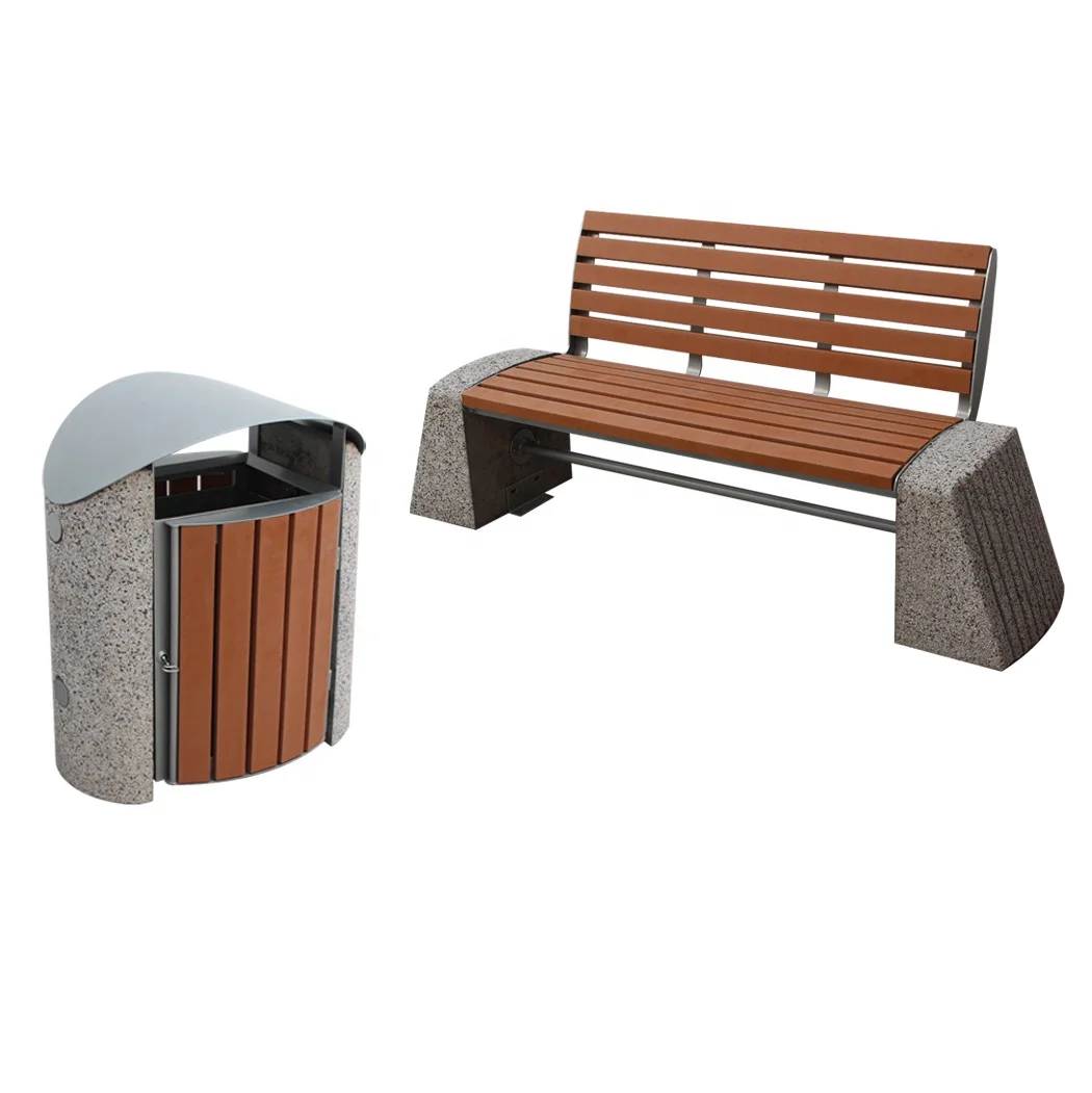 Gavin patio furniture outdoor street park eating area bench seat steel stone and recycled plastic wood 3 seat theme park benches