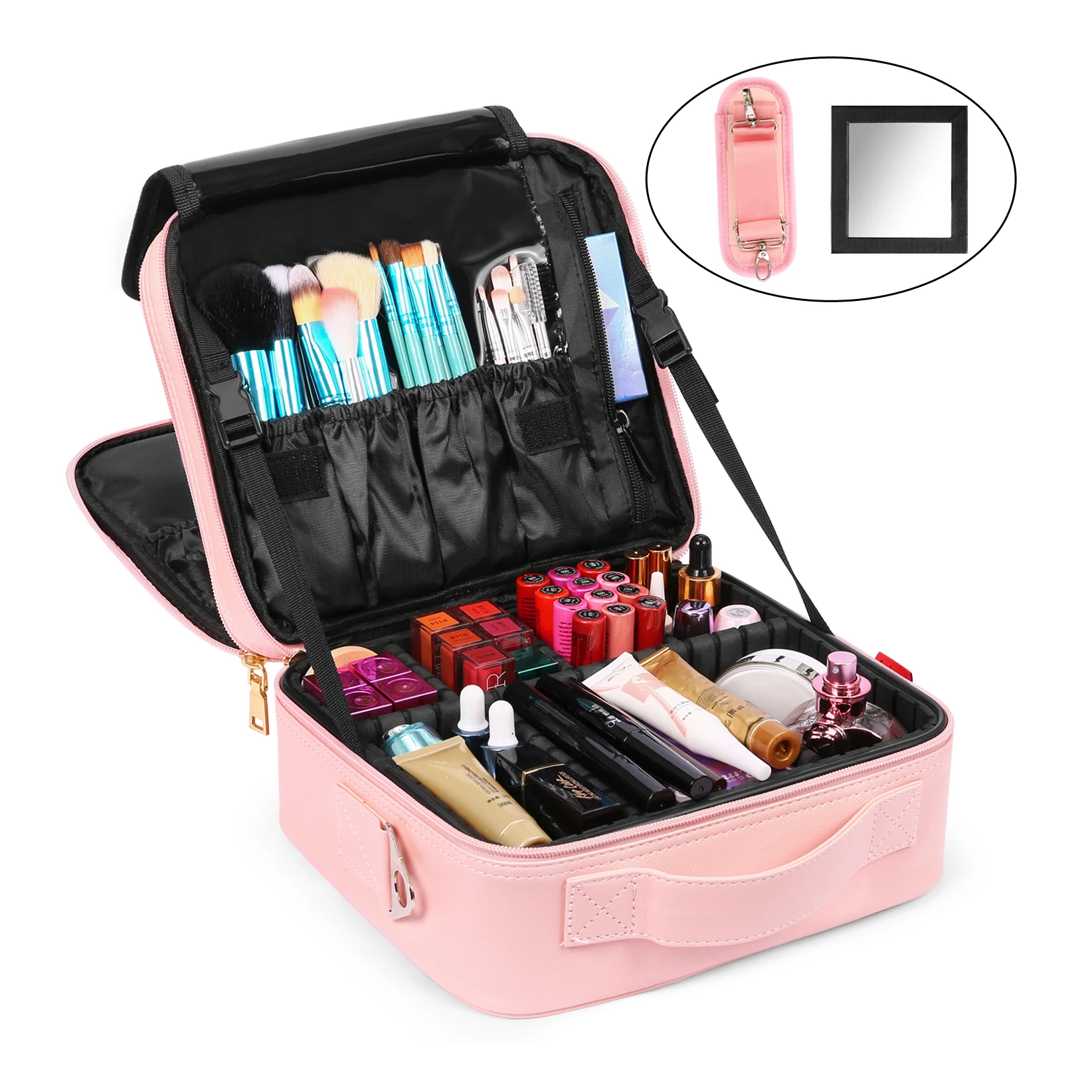 2 Layer Large Capacity Portable Organizer Makeup Bag Cosmetic Train Case Cosmetic Bag with Mirror for Cosmetics Make Up Tools