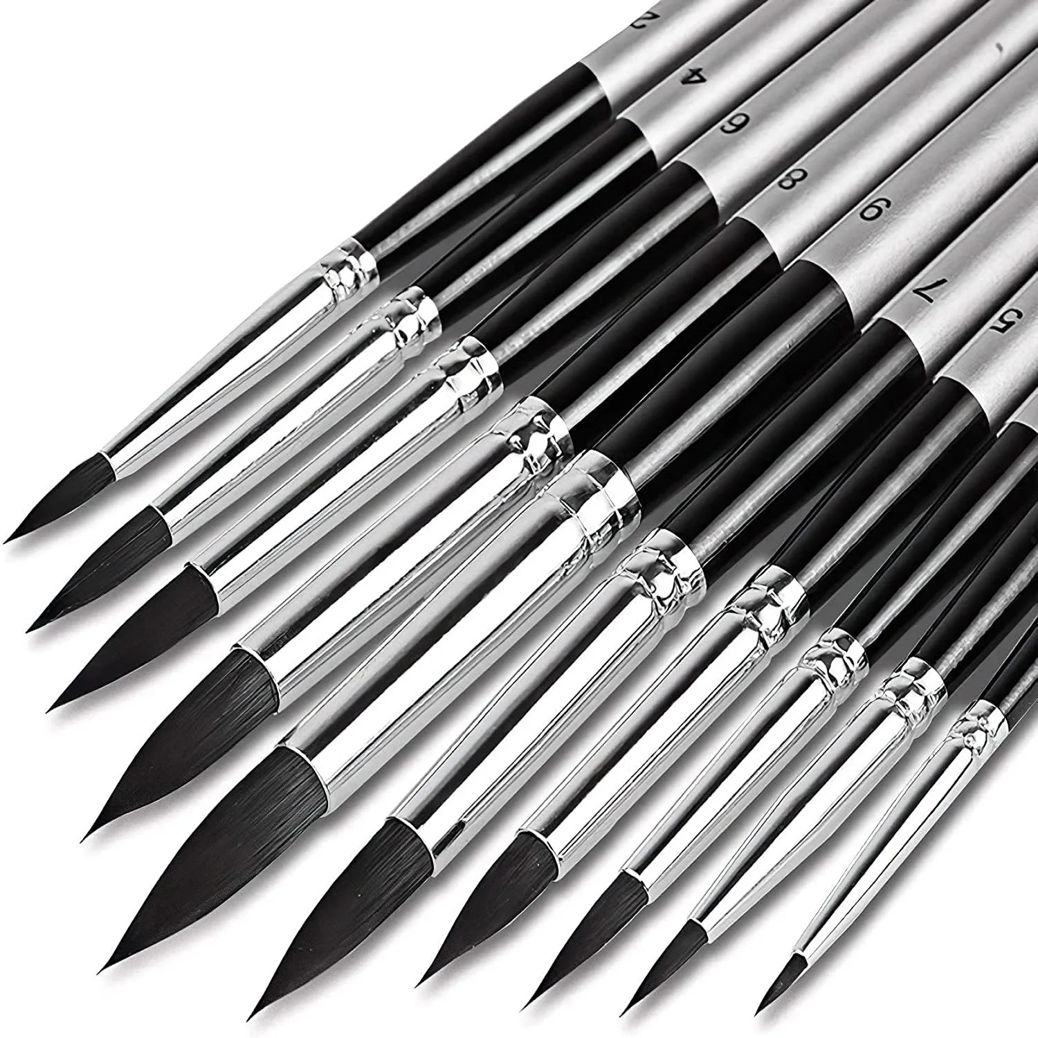 Set of 10 professional customized watercolor brush sets black soft squirrel bristle round tip oil paint brushes for artists