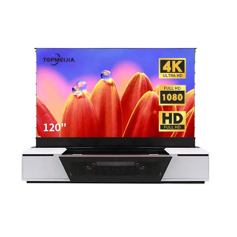 2022 NEW 4K/8K UST laser projector 120 inch ALR Motorized floor rising projection screen integrated cabinet
