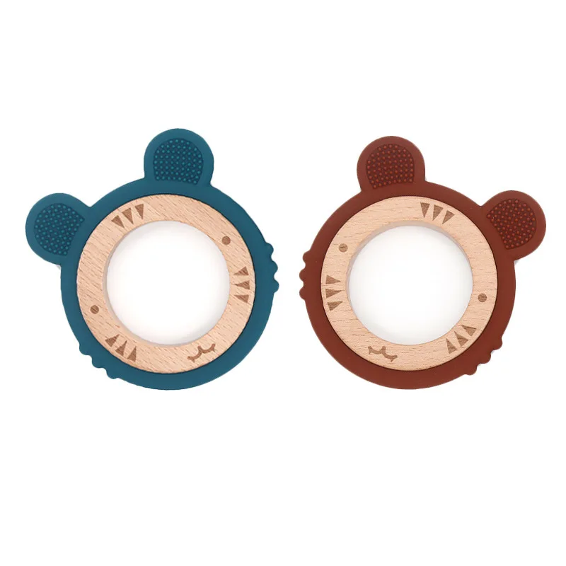 Hot Selling BPA Free Silicone Baby Teether Wooden Ring Cute Tiger Soothing Baby Teething Toy
