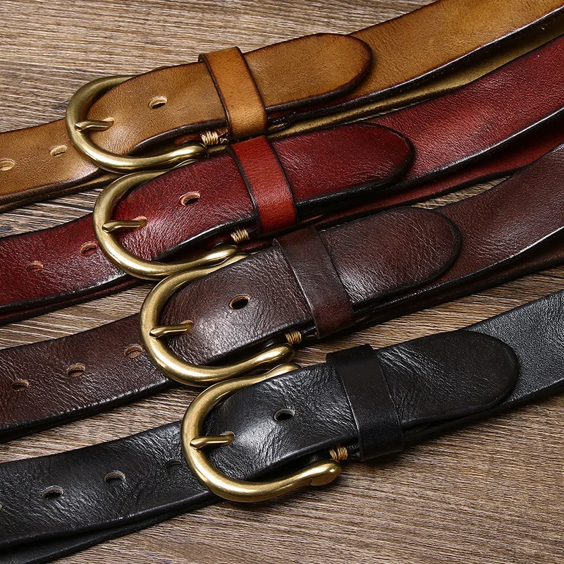 Retro fashion personality trend head layer pure cowhide leather belt male leather copper buckle Korean casual denim belt