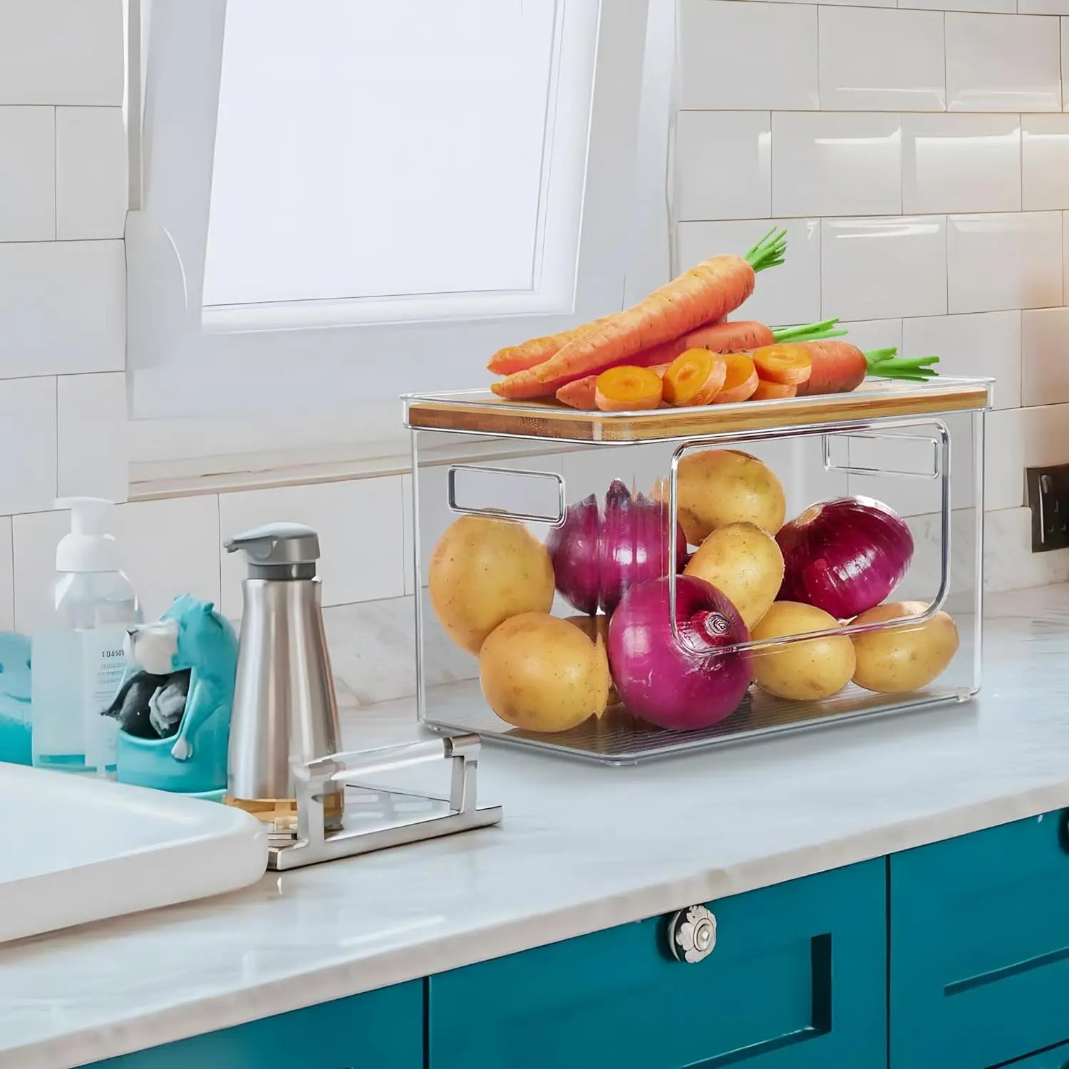 Clear Stackable Storage Basket Acrylic Basket with Bamboo Top Shelf for Onion Potato Vegetable