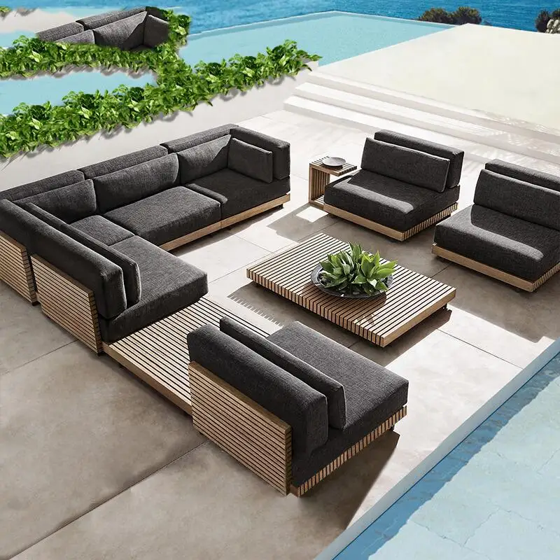 Villa Terrace Leisure Teak Sofa Patio Set Combination Outdoor Courtyard Waterproof Sunscreen Outdoor Solid Wood Sofa Furniture