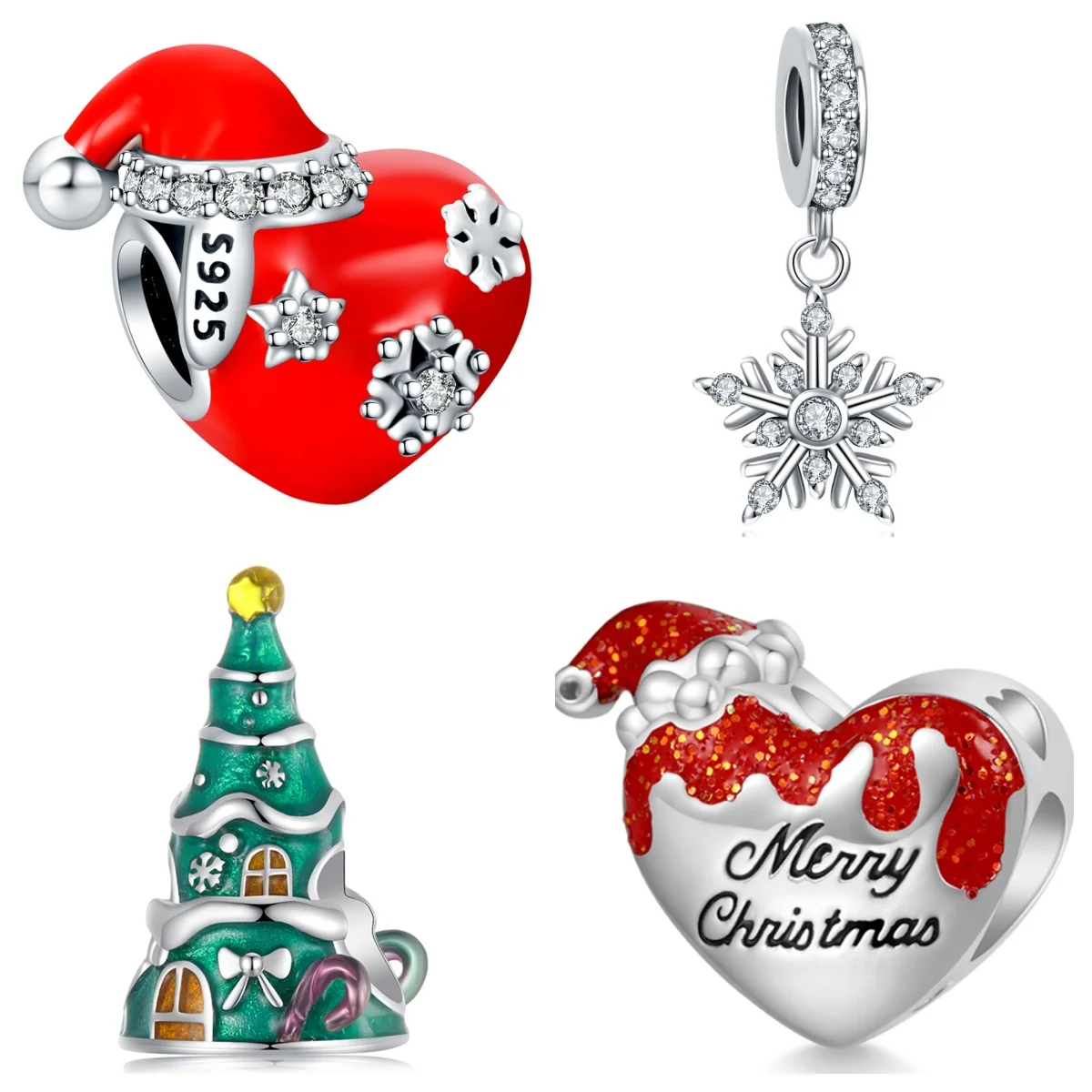 Christmas Jewlery 925 Silver Christmas Beads Enamel Tree Heart Charms for Jewelry Making Women Christmas Bracelet & Bangle DIY