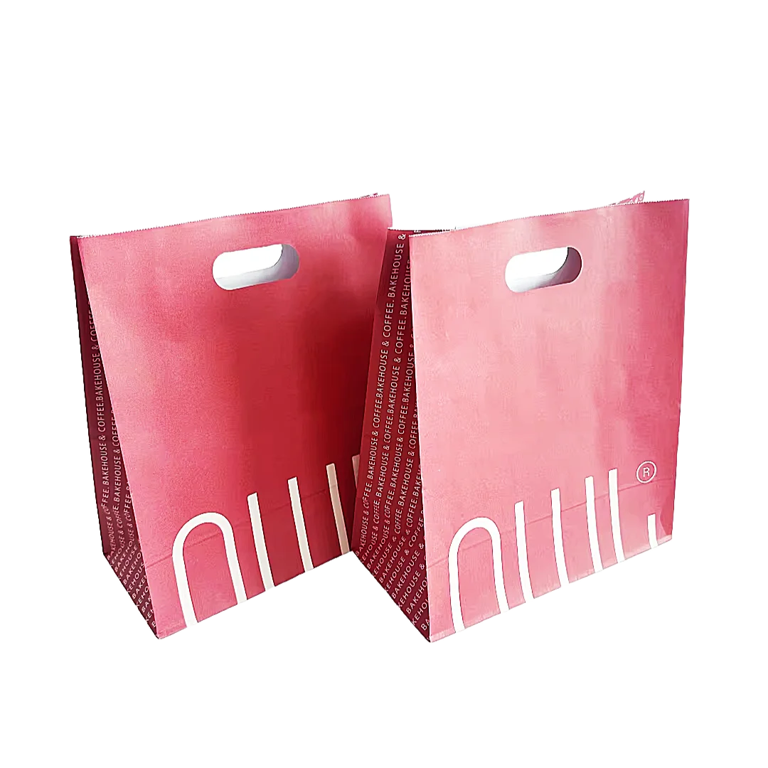 Custom Print Recyclable Die Cut Red Paper Bag Punch Holes Paper Takeouts Bag Perforation Carry Bags for Packaging Food