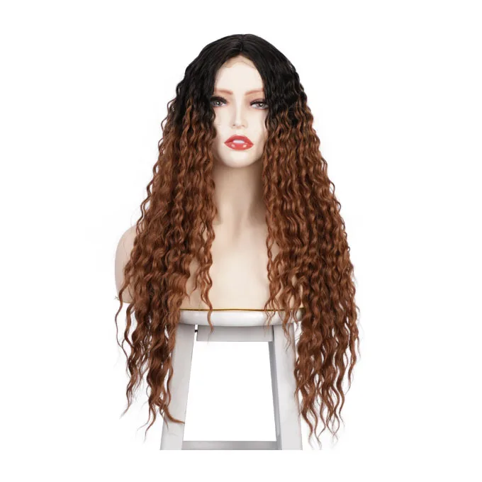 
High Quality Loose Curly Weave ombre Brown synthetic hair wigs peluca barato front lace u part human hair wigs for black women 