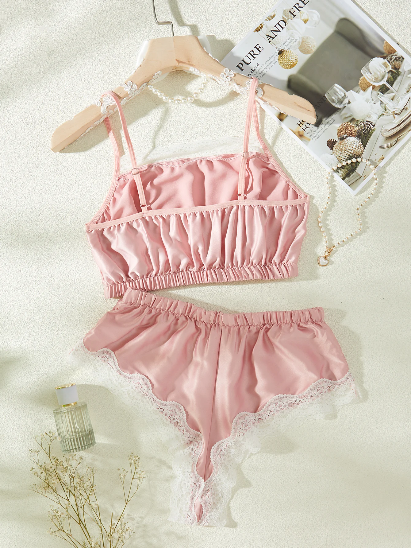 Sweet girl white lace bedroom sleep lingerie pink night pajamas set