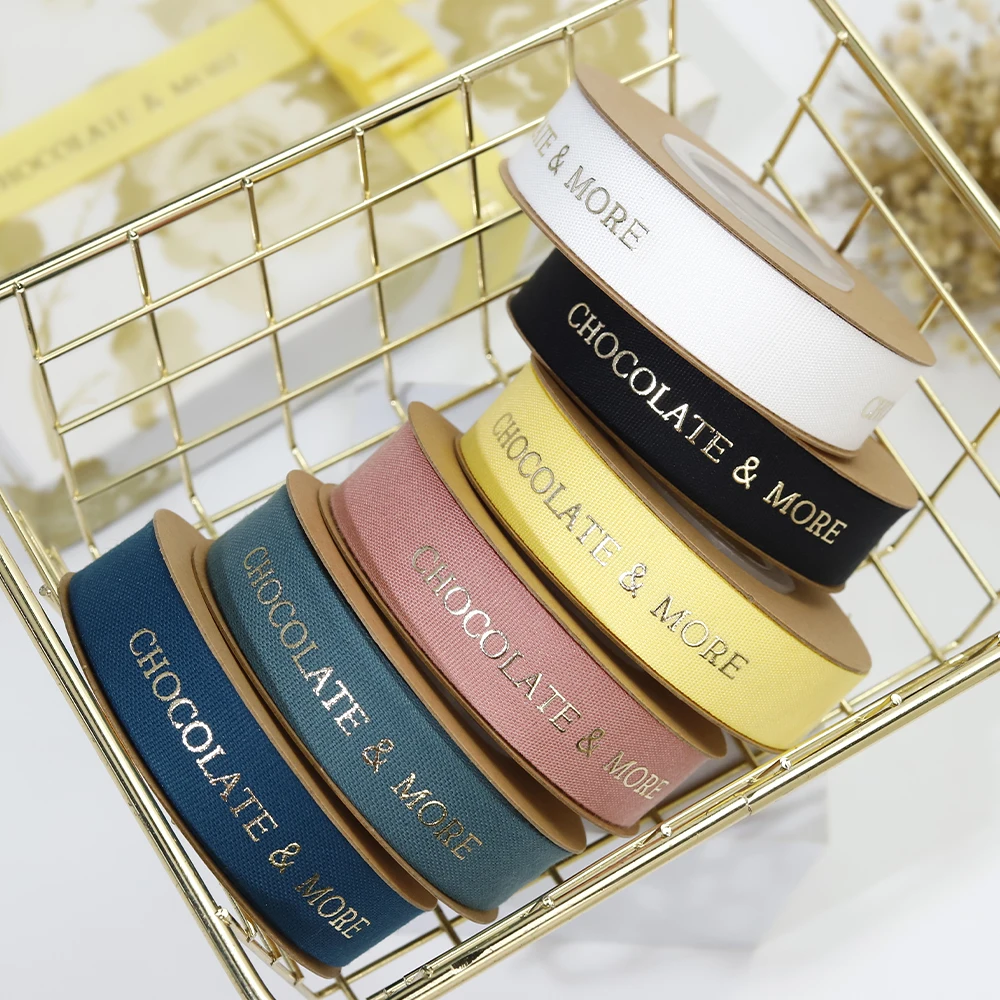 Custom logo gift packaging custom brand ribbon 1 inch cotton hot stamping printed ribbons for cake flower warping