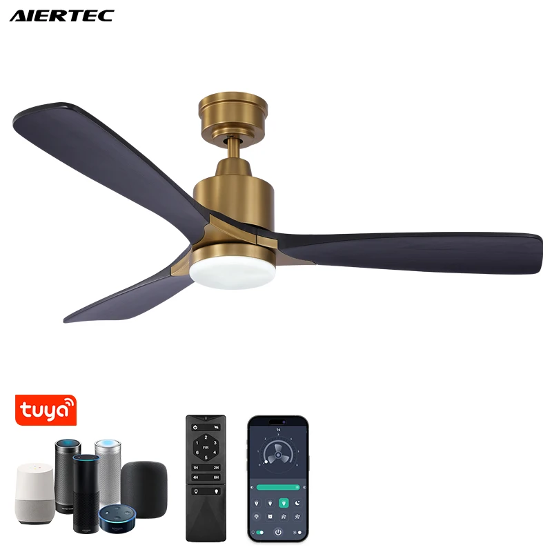Modern 52' Copper Black 3 Solid Wood Metal Body Led Ceiling Fans With 3 Color Dimming 1-6 Gears Speed All Copper Motor