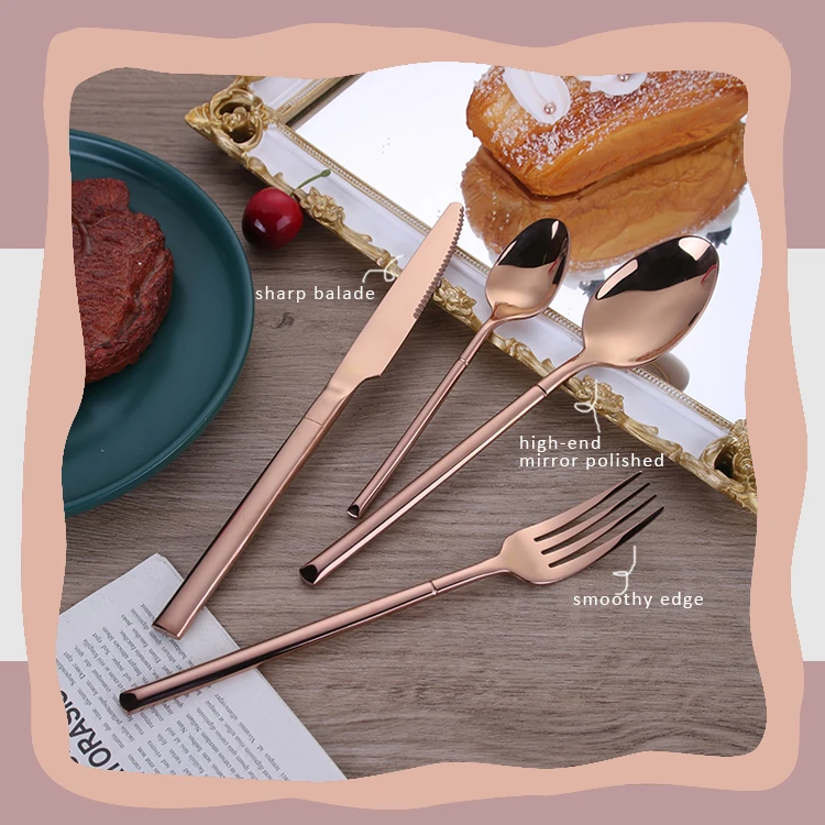 Reusable Wholesale Copper Cutlery Rose Gold Shiny Bronze Stainless Steel Flatware Sets