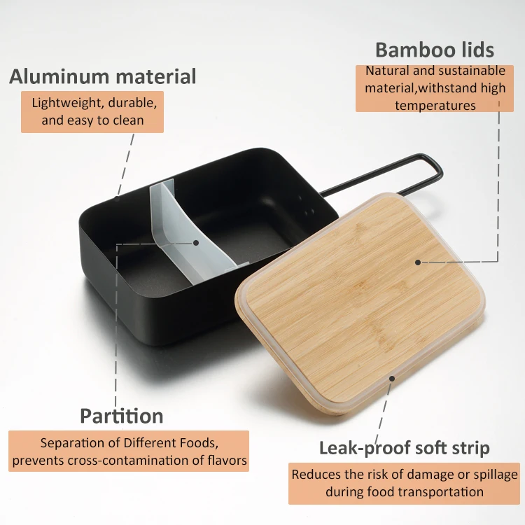 Travel Portable Aluminum Food Fruit Snack Storage Box Heatable Lunch Box Japanese Bento Lunch Box With Wood Bamboo Lid