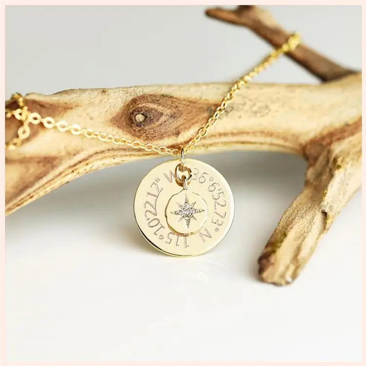 S925 Sterling Silver North Star Compass Round Necklace With Clear Zircons Collier