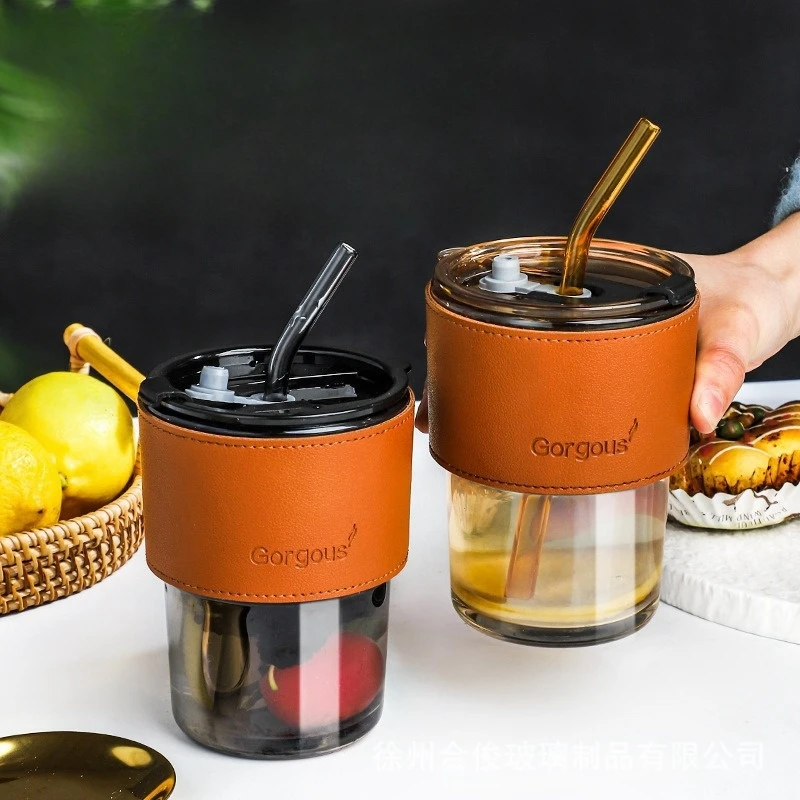 Md64 Promotion Clear Amber Glass Drinkware 450Ml Student Office Portable  Glass Coffee Cup Tea Mug With Straw