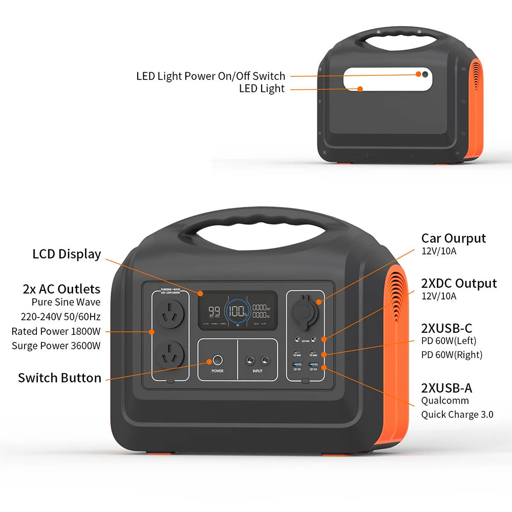 Factory Supply Backup Charger Camping LiFePO4 Battery 110V Emergency AC DC Solar Generator 220V Portable Power Station 1800W