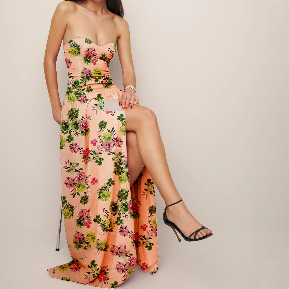 Wholesale custom printed fabric women casual sexy strapless long dress pearl yarn fabric dress